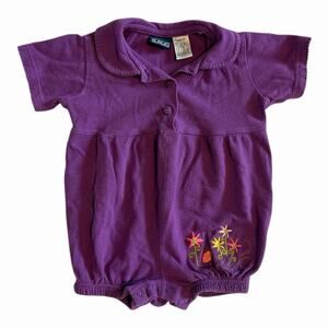 Vintage 90s Honors Baby Girl Purple Waffleknit Romper With Floral Embroidery
